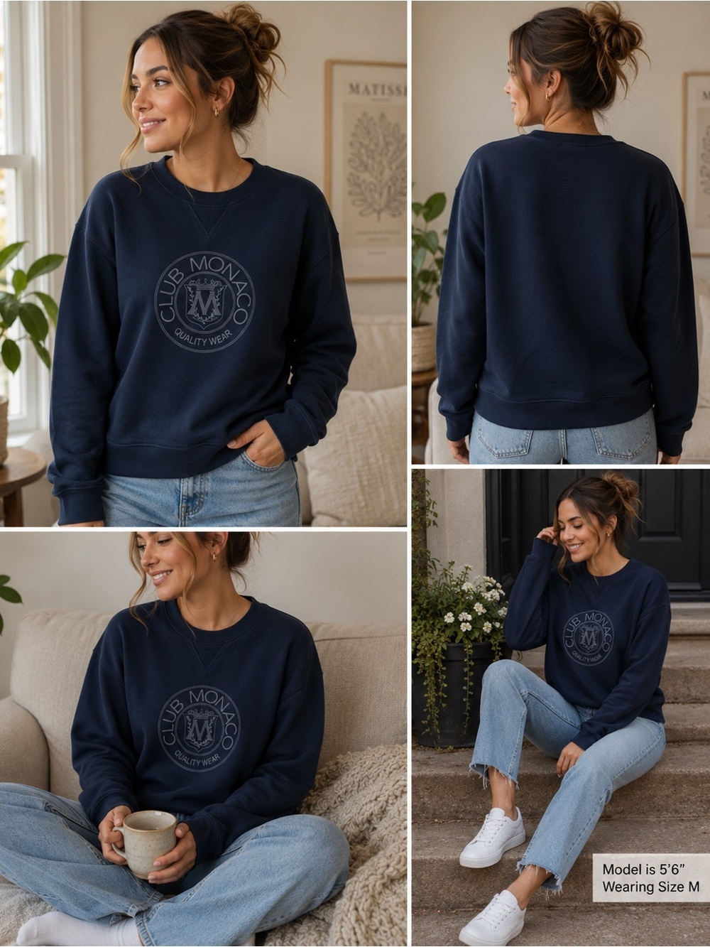 CLUB MONACO Heritage Quality Wear Logo Crewneck Sweatshirt M Navy Fleece Lined